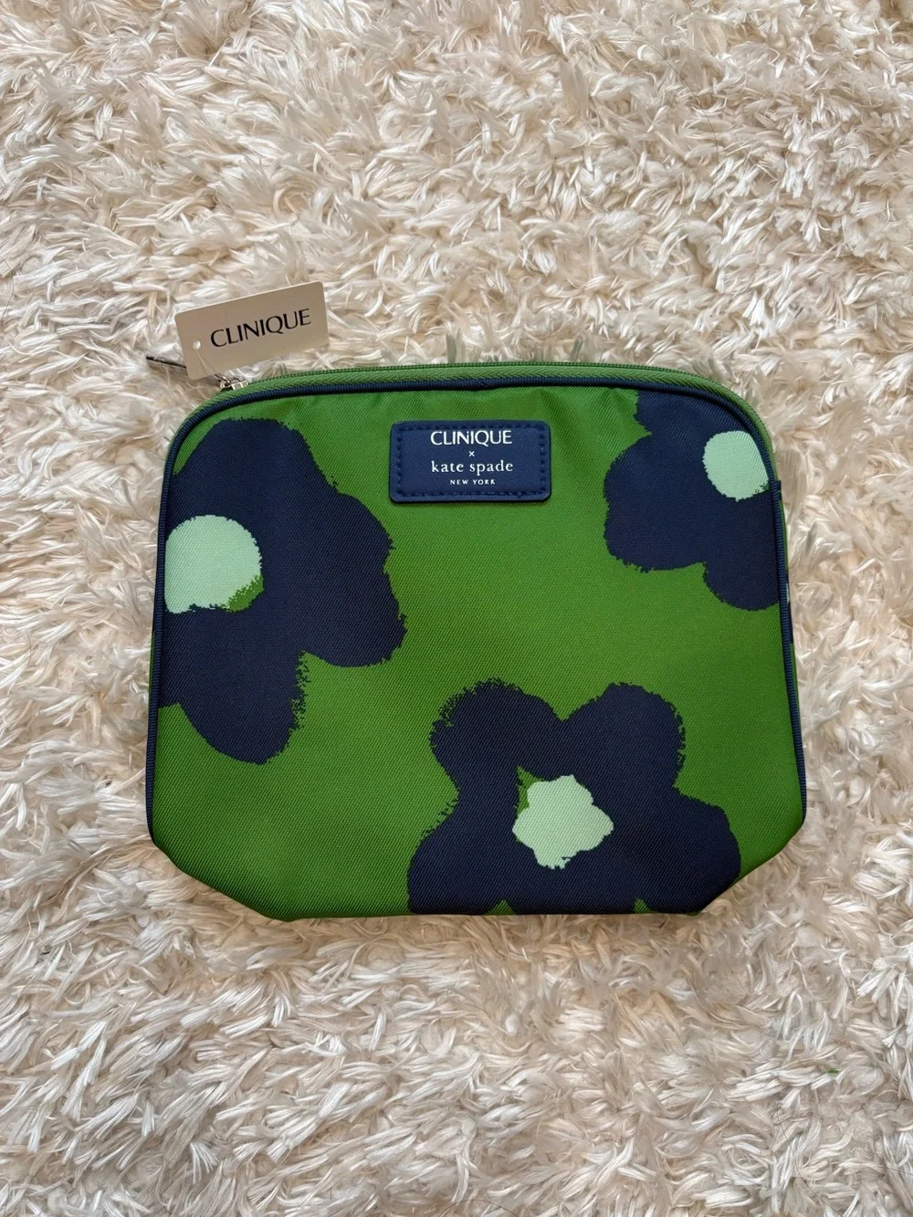 kate spade x Clinique Collab Green Navy Floral Flower Cosmetic Pouch Makeup Bag